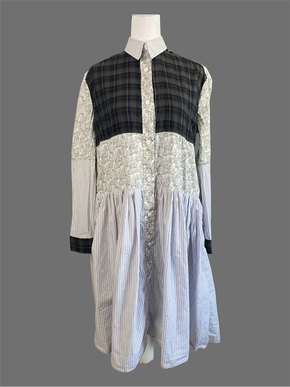 Upcycled Patchwork Long-Sleeve Shirt Midi Dress XL Flannel Stripes Sailboats Art